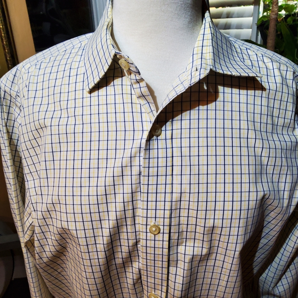 Banana Republic Men's Checkered Shirt - White, Blue, Yellow